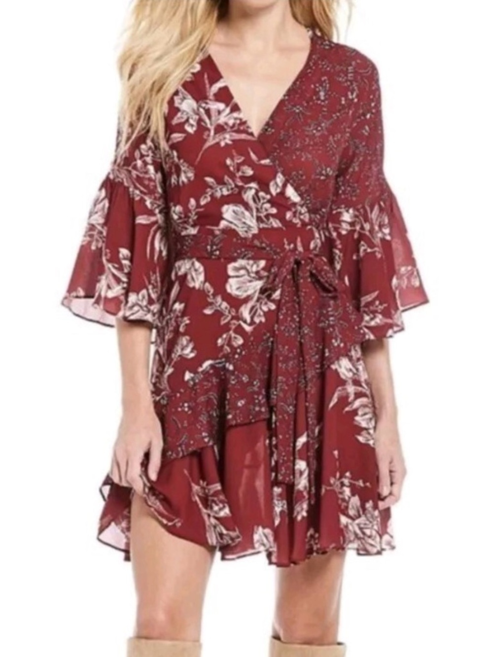 French Connection Floral Faux Wrap Dress in Burgundy